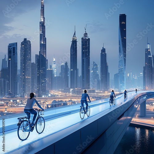 Photography Cycling in Dubai's futuristic cityscape at twilight