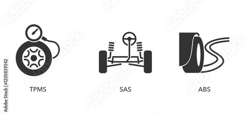 Car service monochrome icons set - SAS, TPMS, ABS