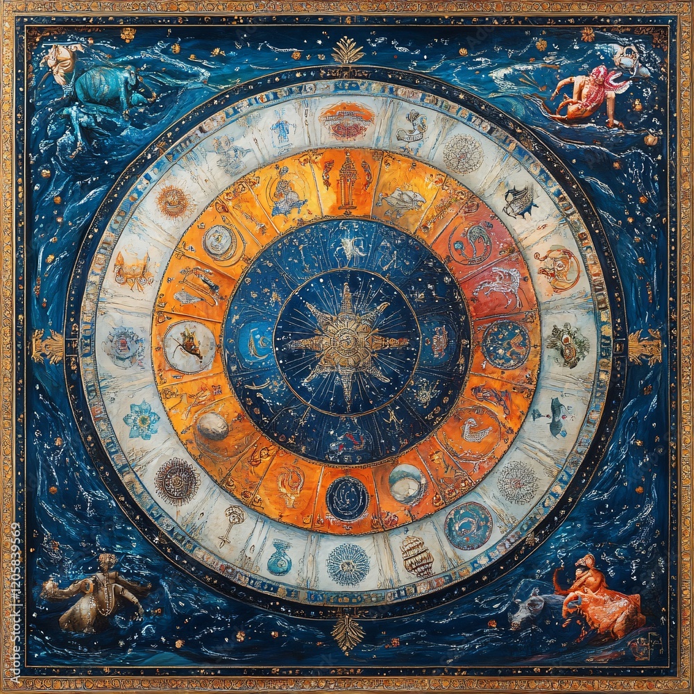 A detailed artistic depiction of the Kumbh Mela zodiac signs arranged in a circular mandala, surrounded by water patterns and traditional Indian motifs, representing spiritual harmony A detailed artistic depiction of the Kumbh Mela zodiac signs arranged in a circular mandala, surrounded by water patterns and traditional Indian motifs, representing spiritual harmony