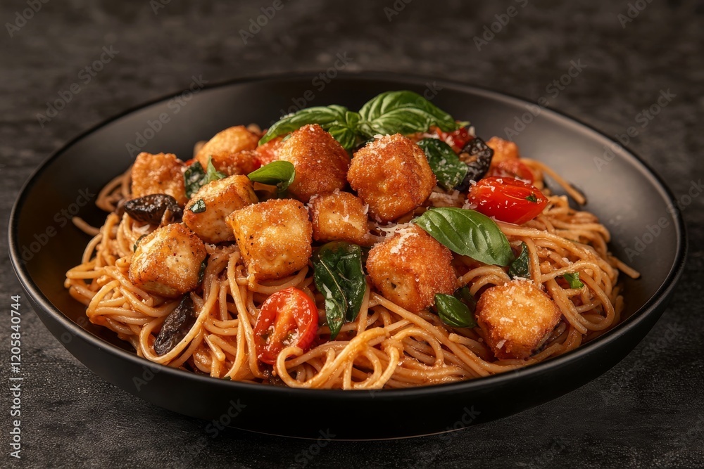 A stylish black plate displays pasta topped with crispy fried tofu, cherry tomatoes, sautéed mushrooms, and fresh basil sitting against a dark background A stylish black plate displays pasta topped with crispy fried tofu, cherry tomatoes, sautéed mushrooms, and fresh basil sitting against a dark background