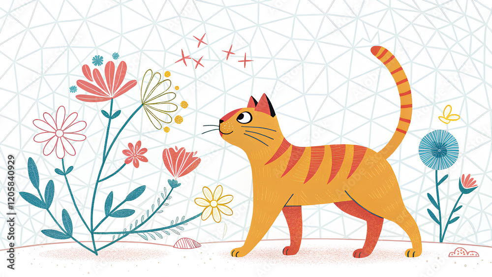 Naklejka premium Playful Cat Illustration with Flowers 
