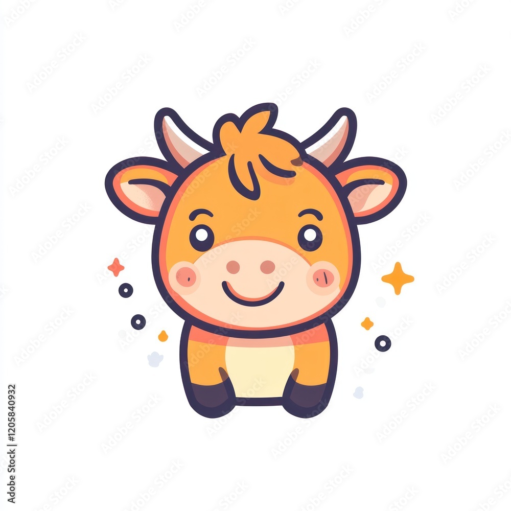 Cute cartoon ox, happy expression, white background, children's illustration Cute cartoon ox, happy expression, white background, children's illustration
