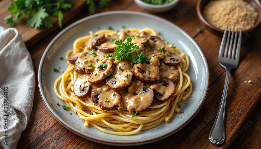Close-up of creamy beef stroganoff on pasta, culinary delight Close-up of creamy beef stroganoff on pasta, culinary delight
