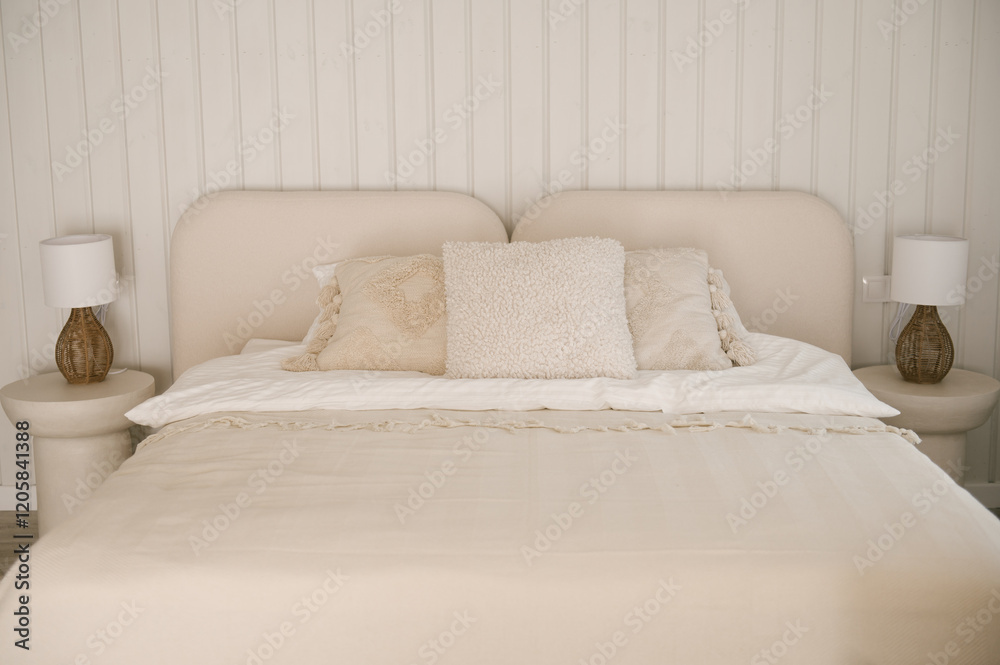 Beautiful light beige interior with soft white bed decorated with pillows in japandi and wawabi sabi style, cozy home concept