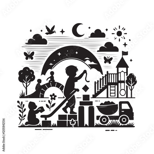 Black Color Children's Play silhouette design Vector Illustration, Solid White Background (3).eps