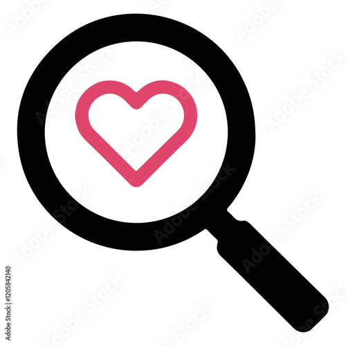 Magnifying glass with red heart inside icon outline.