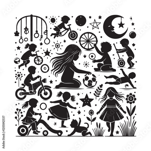 Black Color Children's Play silhouette design Vector Illustration, Solid White Background (20).eps