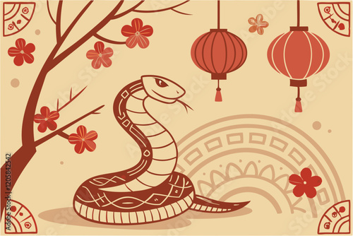 celebration of Chinese New Year 2025, highlighting the Year of the Snake. With bright colors and traditional elements like red lanterns and elegant snake motifs, the image captures a festive and cultu