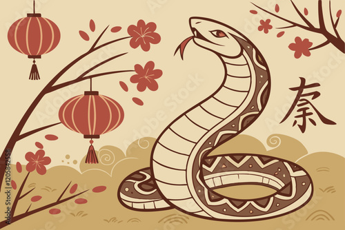 celebration of Chinese New Year 2025, highlighting the Year of the Snake. With bright colors and traditional elements like red lanterns and elegant snake motifs, the image captures a festive and cultu
