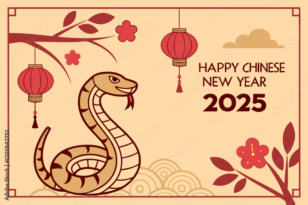 Obraz premium celebration of Chinese New Year 2025, highlighting the Year of the Snake. With bright colors and traditional elements like red lanterns and elegant snake motifs, the image captures a festive and cultu