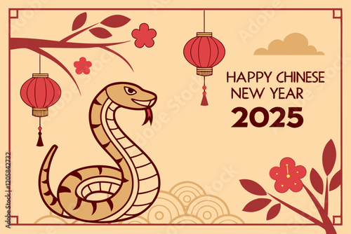 celebration of Chinese New Year 2025, highlighting the Year of the Snake. With bright colors and traditional elements like red lanterns and elegant snake motifs, the image captures a festive and cultu