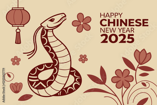 celebration of Chinese New Year 2025, highlighting the Year of the Snake. With bright colors and traditional elements like red lanterns and elegant snake motifs, the image captures a festive and cultu