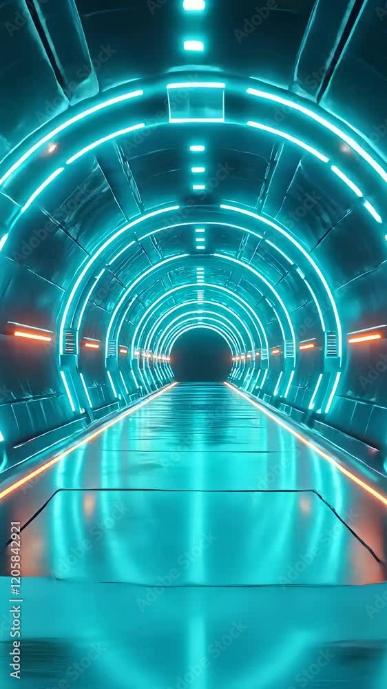 Futuristic Neon Tunnel with Dynamic Lights.  A high-tech futuristic tunnel illuminated by vibrant neon lights in blue and orange hues.