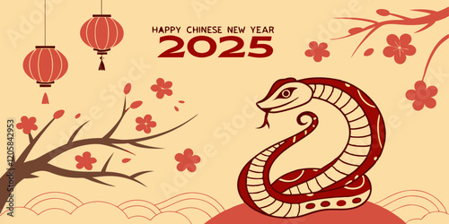 celebration of Chinese New Year 2025, highlighting the Year of the Snake. With bright colors and traditional elements like red lanterns and elegant snake motifs, the image captures a festive and cultu