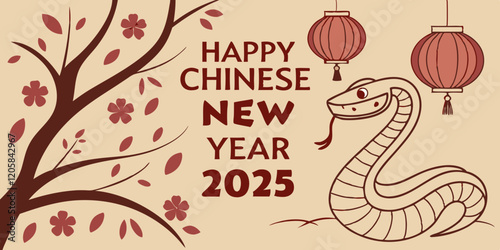celebration of Chinese New Year 2025, highlighting the Year of the Snake. With bright colors and traditional elements like red lanterns and elegant snake motifs, the image captures a festive and cultu