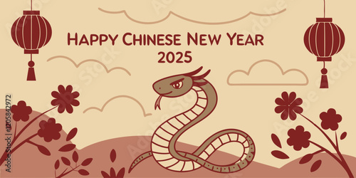 celebration of Chinese New Year 2025, highlighting the Year of the Snake. With bright colors and traditional elements like red lanterns and elegant snake motifs, the image captures a festive and cultu