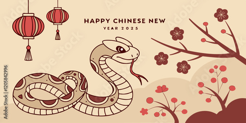 celebration of Chinese New Year 2025, highlighting the Year of the Snake. With bright colors and traditional elements like red lanterns and elegant snake motifs, the image captures a festive and cultu