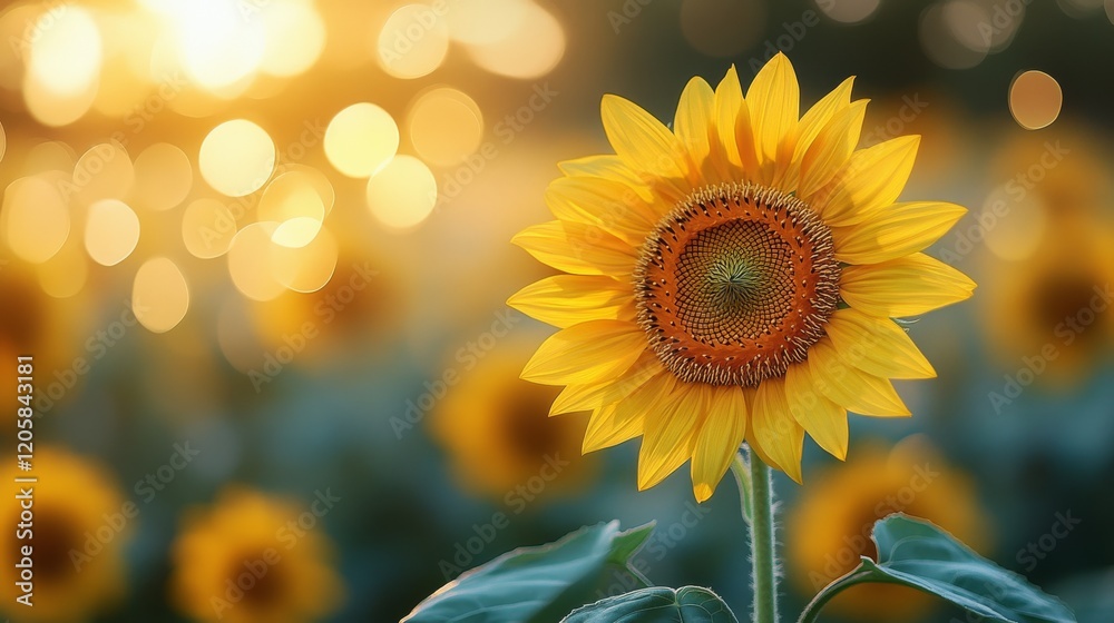 Fototapeta premium Single sunflower in field at sunset.