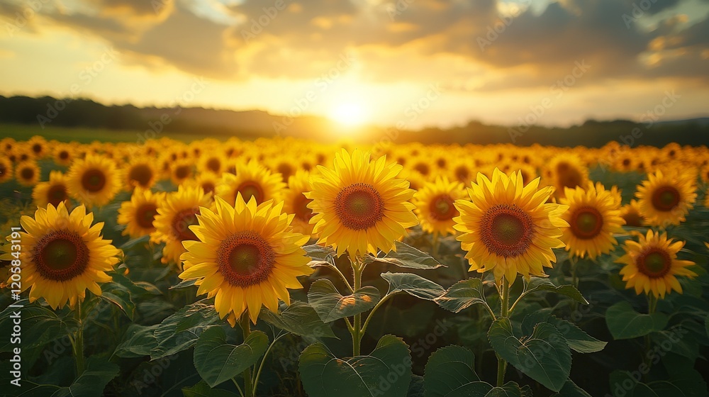 Fototapeta premium Vibrant sunflowers bask in a breathtaking sunset over a vast field.