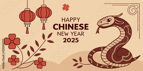 celebration of Chinese New Year 2025, highlighting the Year of the Snake. With bright colors and traditional elements like red lanterns and elegant snake motifs, the image captures a festive and cultu