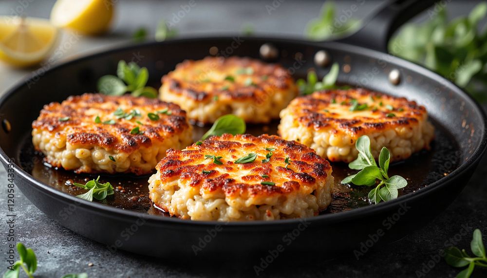 Homemade crab cakes sizzling in a pan, culinary delight Homemade crab cakes sizzling in a pan, culinary delight