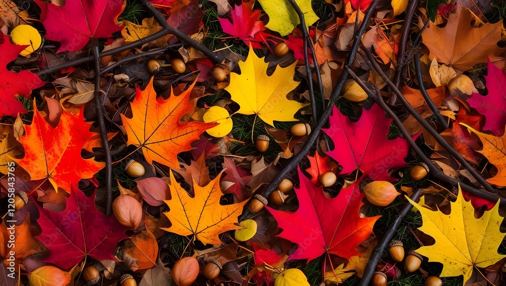 Autumn Leaves and Acorns on Ground in Vibrant Red Yellow Orange Colors Autumn Leaves and Acorns on Ground in Vibrant Red Yellow Orange Colors
