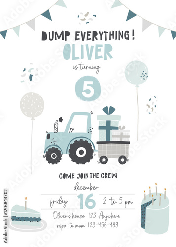 Vector invitation template for kid's birthday party with construction vehicles. Cute cartoon building cars, transportation. Invitation design. Baby boy. Tractor, cake, balloons, garland. Newborn.