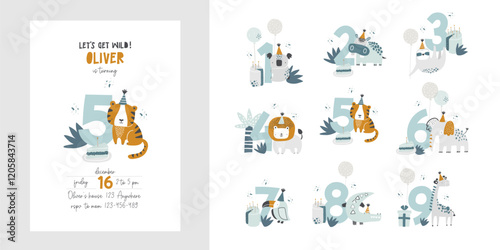 Vector invitation template for kid's birthday party with cute African wild animals. Safari Party. Tropical invitation design. Koala, hippo, sloth, lion, tiger, elephant, toucan, crocodile, giraffe.