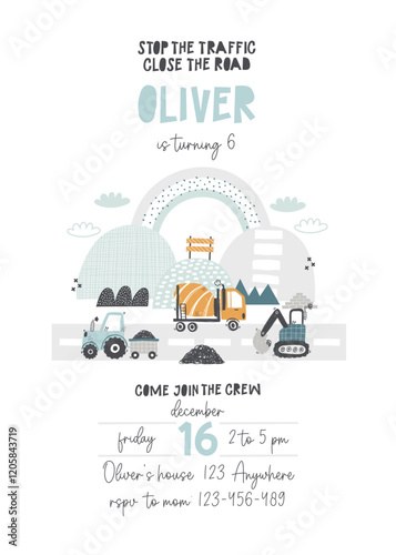 Vector invitation template for kid's birthday party with construction vehicles. Cute cartoon building cars, transportation. Invitation design. Baby boy. Tractor, crane, truck, excavator. Newborn.