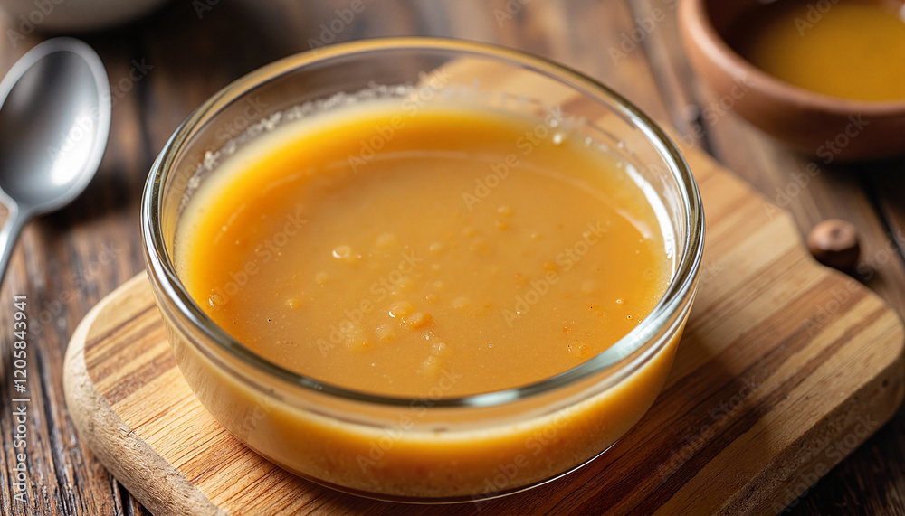 Rich dulce de leche in clear bowl on wooden table, sweet indulgence Rich dulce de leche in clear bowl on wooden table, sweet indulgence
