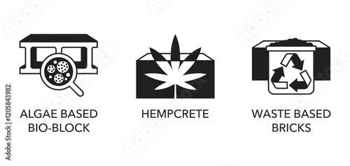 Modern construction materials icons set - algae bio-block, hempcrete, waste based bricks