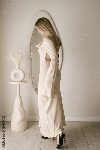 Obraz na płótnie Beautiful blonde woman posing in beautiful modern stylish beige interior on photo of large mirror w salonie