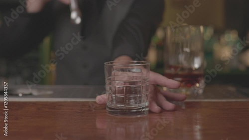 Close-up of a bartender serving a freshly made cocktail in a glass at a modern bar