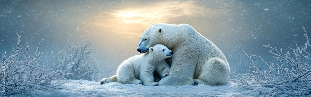 Fototapeta premium A heartwarming image of a polar bear mother with her cubs in the Arctic. Perfect for conservation and wildlife awareness.