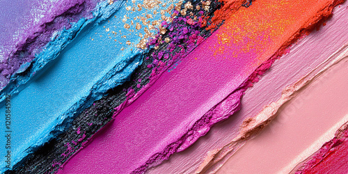 Vivid close-up of colorful makeup smears featuring bright pigments in shades of pink, blue, orange, and purple, with metallic gold details creating a bold artistic texture. photo