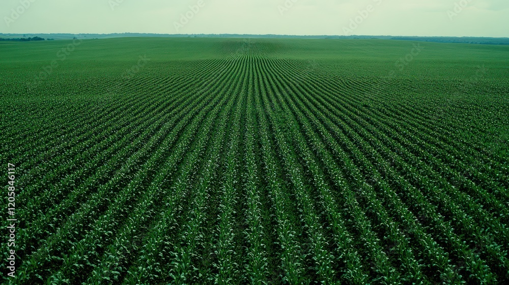 Aerial view of vast green field, rows of crops, cloudy sky, agriculture Aerial view of vast green field, rows of crops, cloudy sky, agriculture