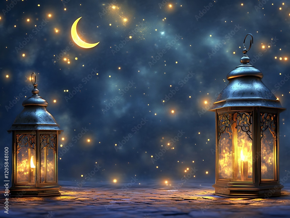 Illuminated Lanterns Underneath A Crescent Moon And Stars Illuminated Lanterns Underneath A Crescent Moon And Stars
