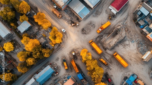 Aerial view Autumnal demolition site, trucks, debris, industrial area, construction