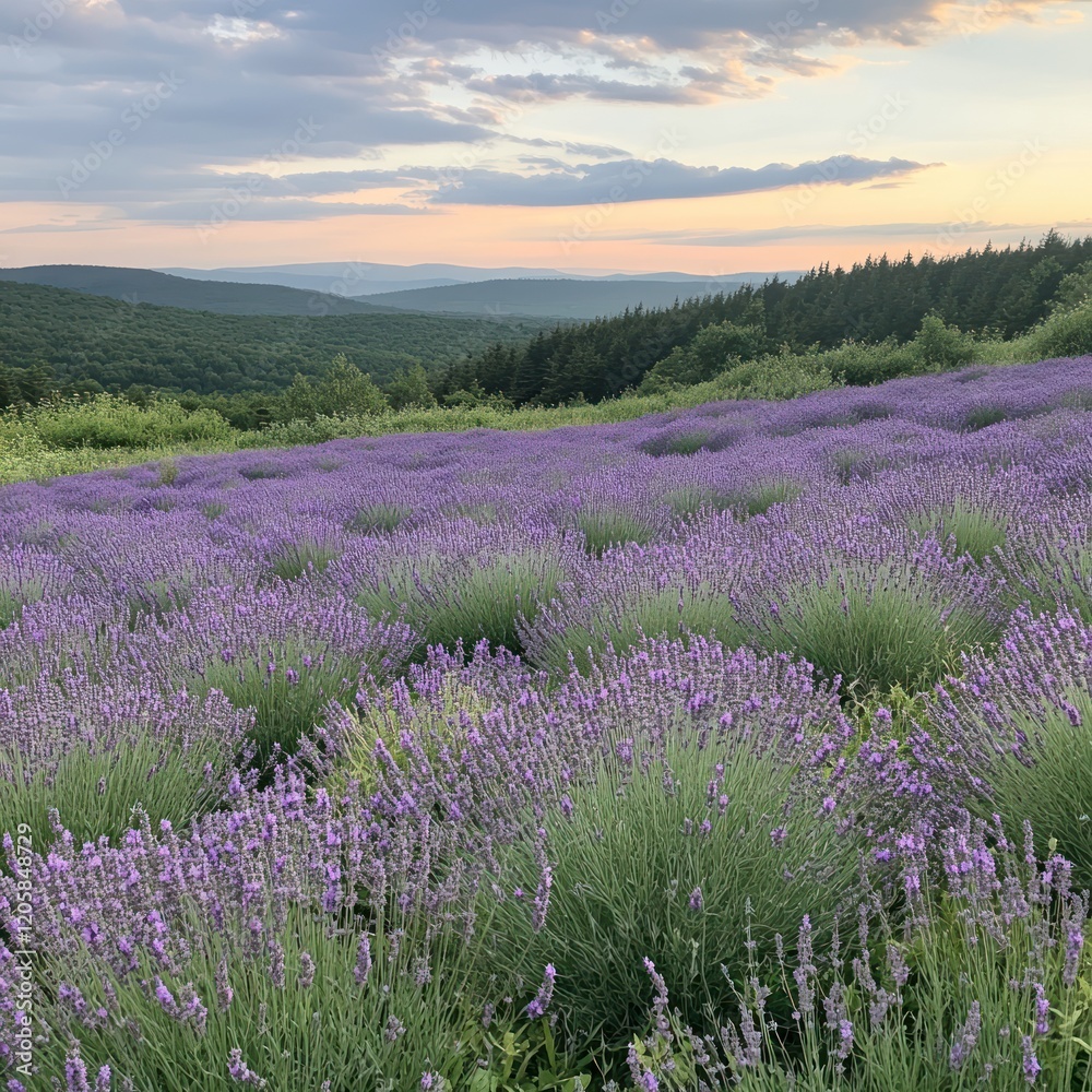 Naklejka premium Hillside lavender field sunset scenic nature farm