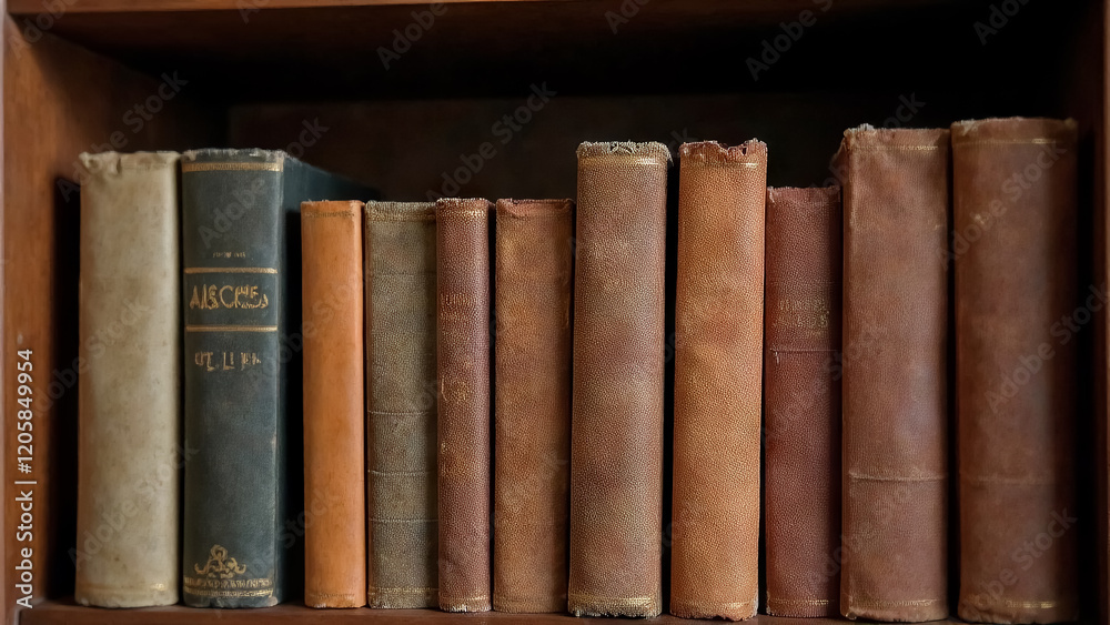 Naklejka premium книжная полка со старыми книгами, потертые корешки от времени