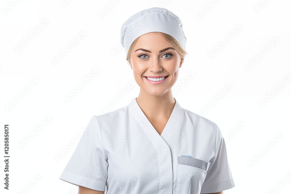 Smiling White Nurse in Professional Uniform with Stethoscope, Friendly and Caring Healthcare Worker, white Background, Perfect for Medical, Healthcare, and Wellness Themes 