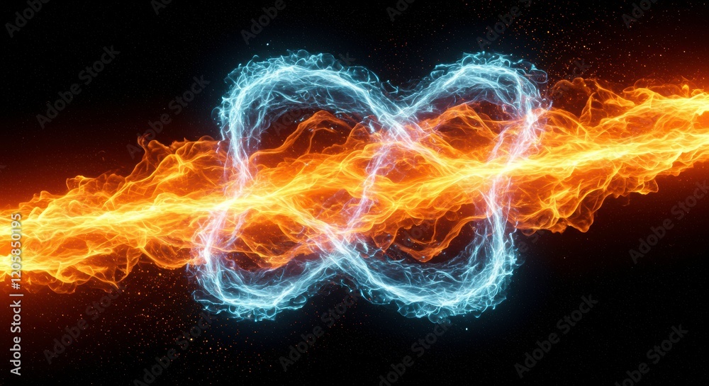Obraz premium Fire and Ice Infinity: A mesmerizing digital artwork depicting intertwining streams of fire and ice, forming an infinity symbol against a black background.