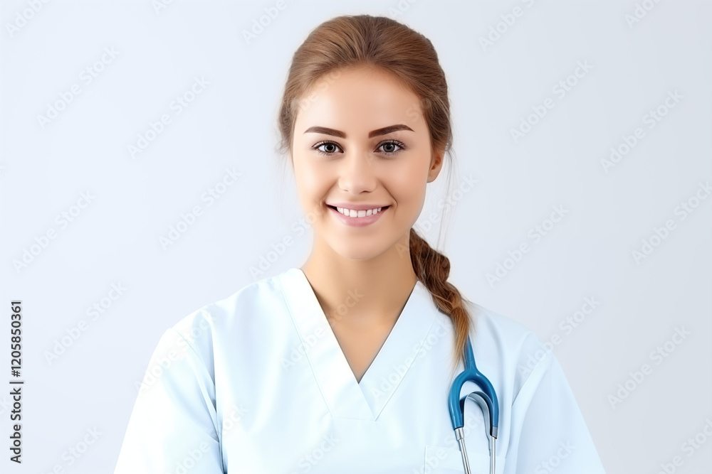 Smiling White Nurse in Professional Uniform with Stethoscope, Friendly and Caring Healthcare Worker, white Background, Perfect for Medical, Healthcare, and Wellness Themes Smiling White Nurse in Professional Uniform with Stethoscope, Friendly and Caring Healthcare Worker, white Background, Perfect for Medical, Healthcare, and Wellness Themes