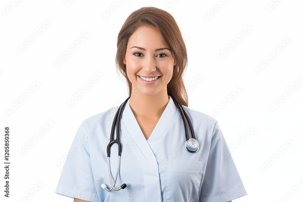 Smiling White Nurse in Professional Uniform with Stethoscope, Friendly and Caring Healthcare Worker, white Background, Perfect for Medical, Healthcare, and Wellness Themes Smiling White Nurse in Professional Uniform with Stethoscope, Friendly and Caring Healthcare Worker, white Background, Perfect for Medical, Healthcare, and Wellness Themes