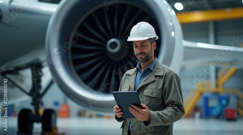 Aerospace Engineer Inspecting Jet Engine with Tablet