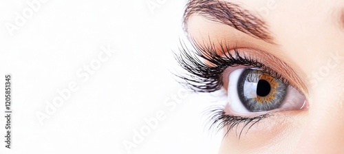 Close-Up Portrait of Young Woman's Beautiful Eye, Perfect Smooth Skin, Perfectly Shaped Eyebrow and Luscious Long Lashes. Beauty Products, Cosmetics, Make-Up. Advertisement of Eco Treatment, Skin Care