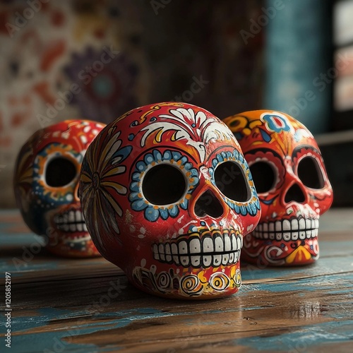 Vibrant Dia de los Muertos Sugar Skulls Trio on Wooden Table