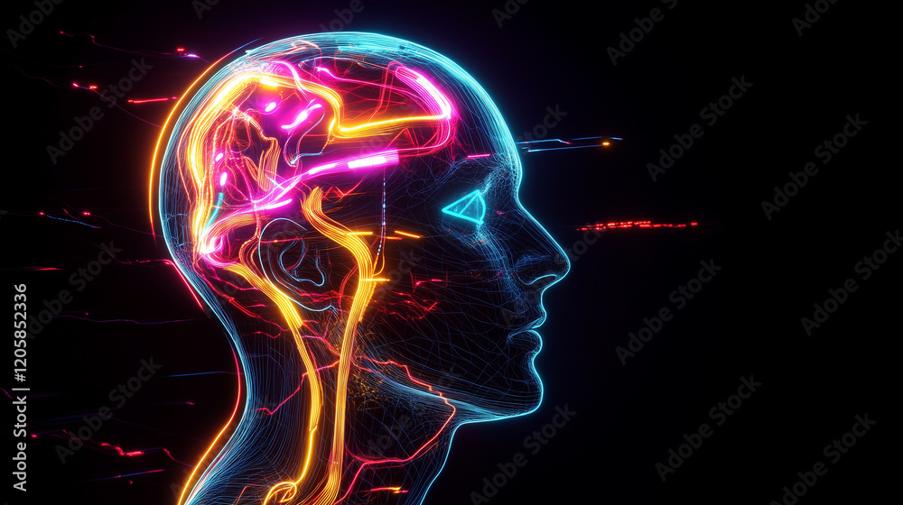 Side profile of a humanoid head with glowing blue and yellow eyes, vibrant neon neural connections, and a futuristic cybernetic design, symbolizing advanced artificial intelligence Side profile of a humanoid head with glowing blue and yellow eyes, vibrant neon neural connections, and a futuristic cybernetic design, symbolizing advanced artificial intelligence