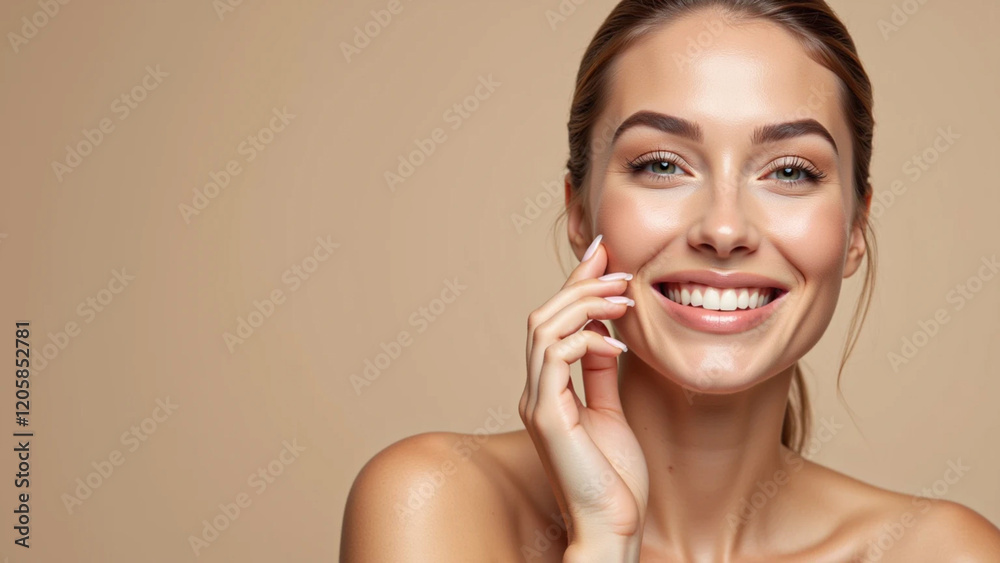 Woman smiling while touching her flawless glowy skin with copy space for your advertisement, skincare
Woman smiling while touching her flawless glowy skin with copy space for your advertisement, skincare