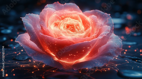 Neon Pink Holographic Rose Blooming in a Digital Landscape